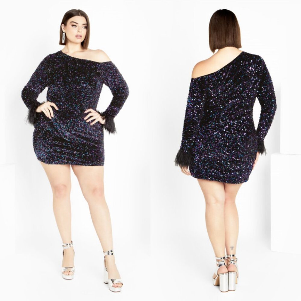 NWT City Chic One Shoulder Multi Sequin Mini Dress 18